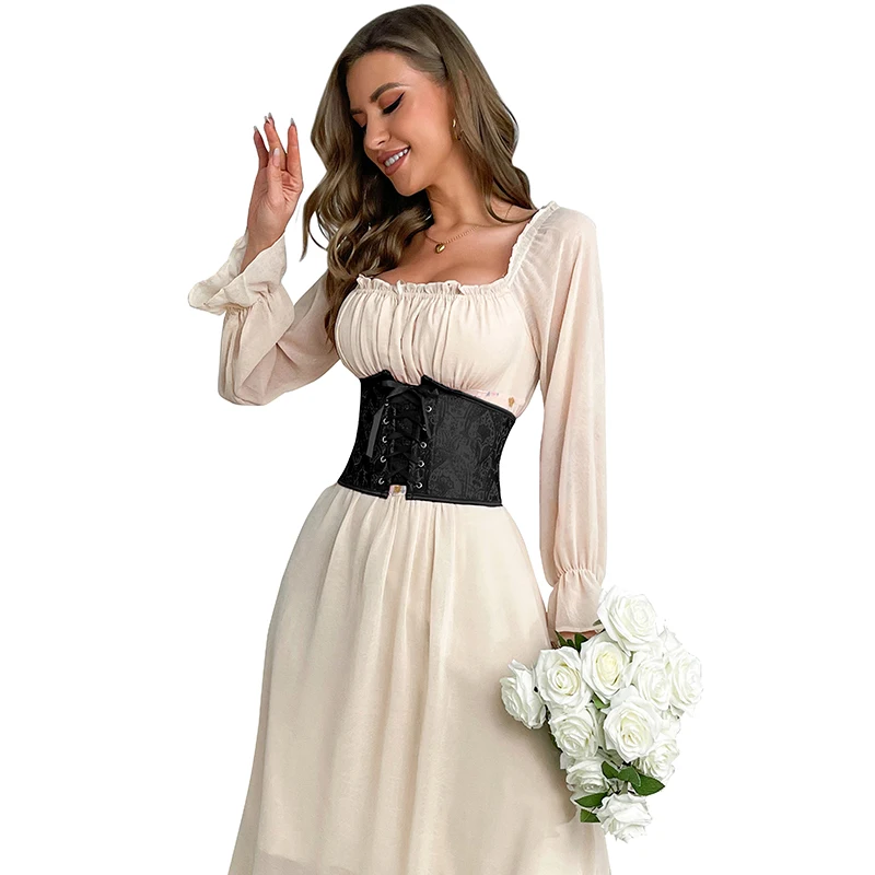 Women\'s Floral Underbust Corset Black Wide Belts Jacquard Bandage Waistband