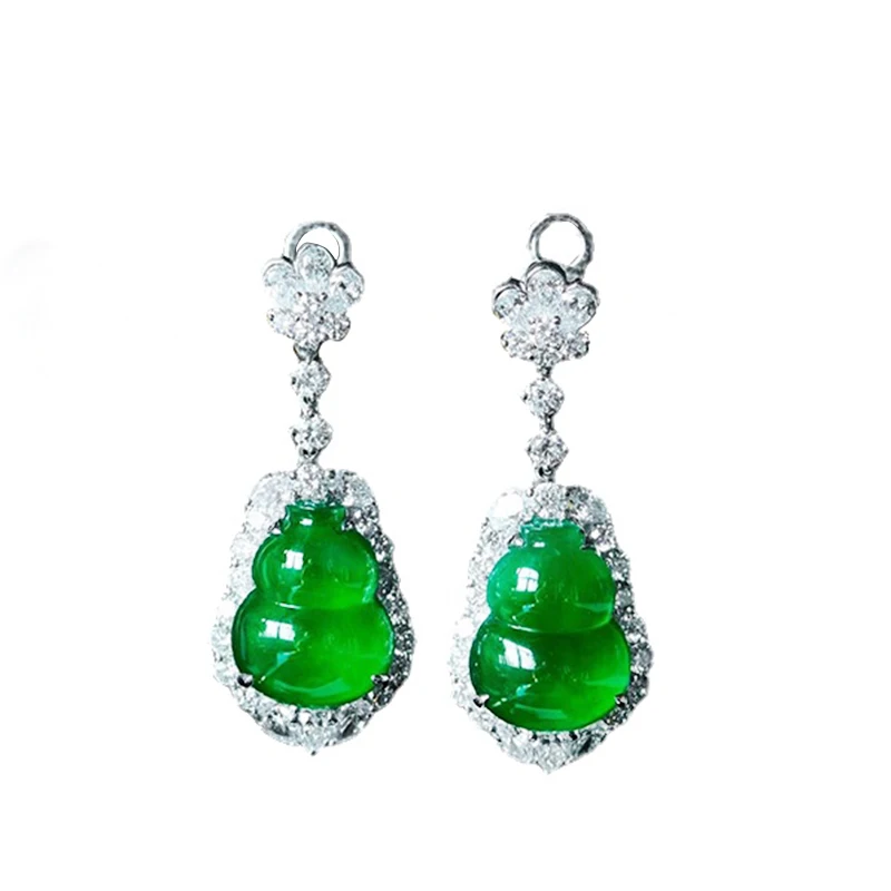 New natural high ice transparent glass emperor green gourd earrings elegant charm creative retro female silver jewelry