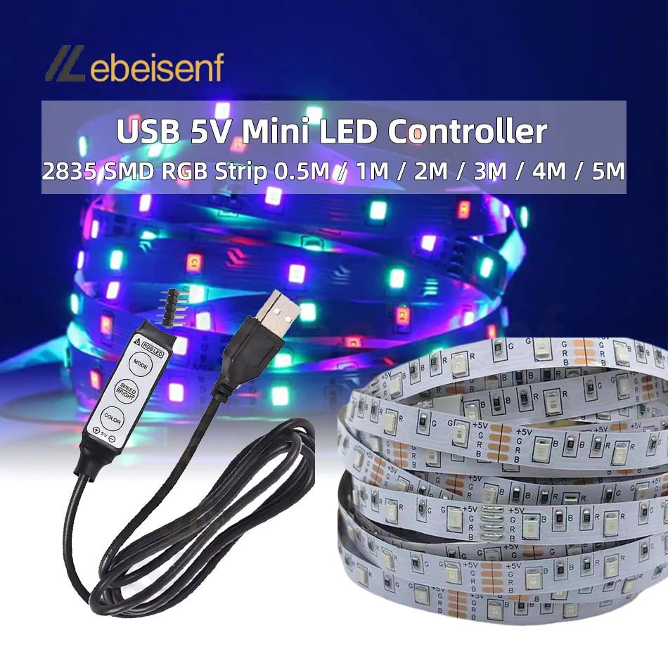 5V 2835 RGB LED Flexible Strip Light 0.5M 1M 2M 3M 4M 5M 60LEDs/m Red Green Blue with 3-Key Mini USB Plug Controller LED Dimmer