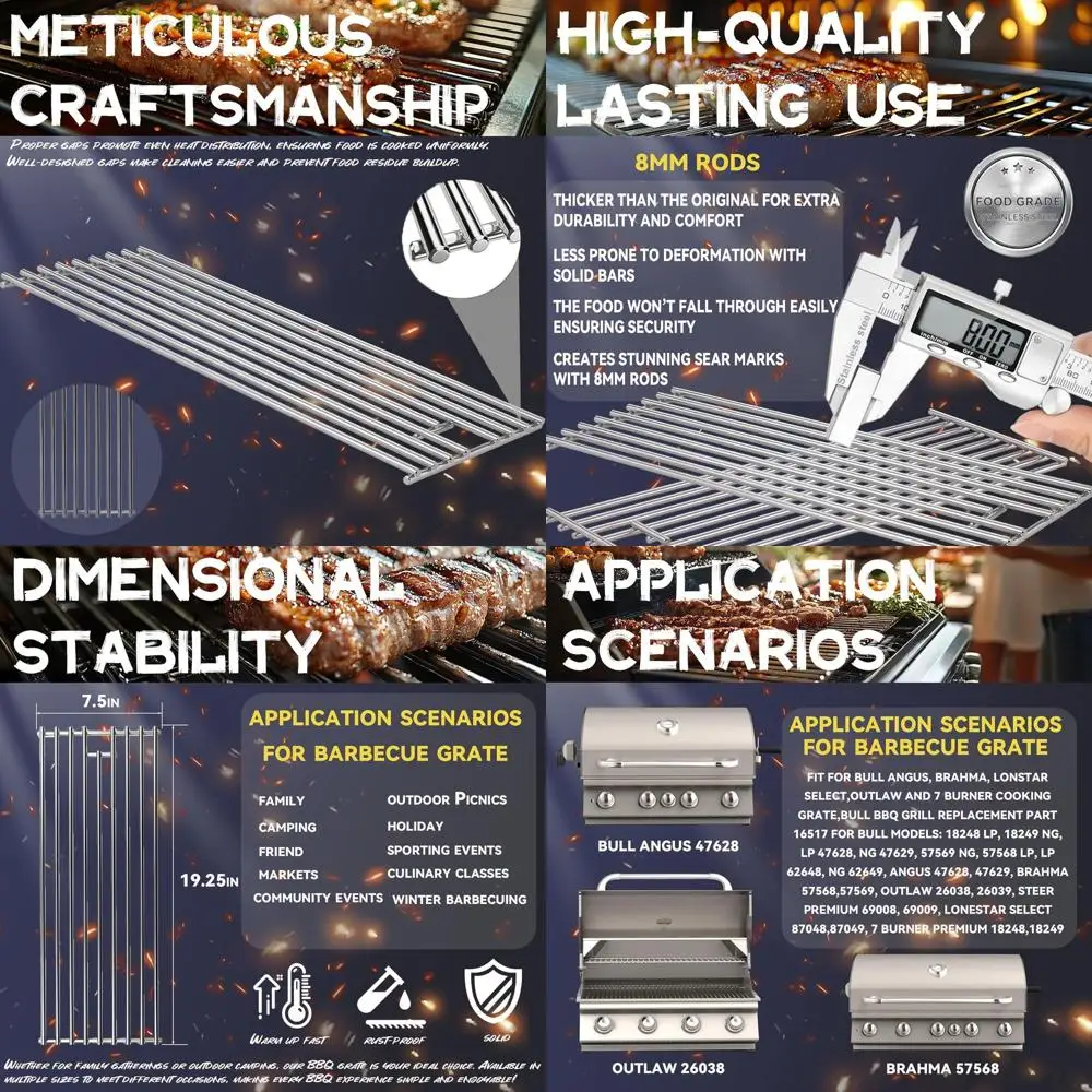 

8mm Stainless Steel Grill Grates - Replacement for 16517 Bull, 18248 LP, 18249 NG, 65073 L60000 BBQ Models