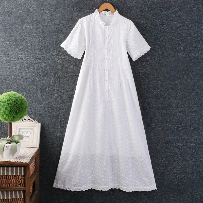 

Summer Sweet Mori Girl Hollow Out Embroidered Dress Women Ruffles Collar Short Sleeve Casual Loose Cotton Midi Dresses White