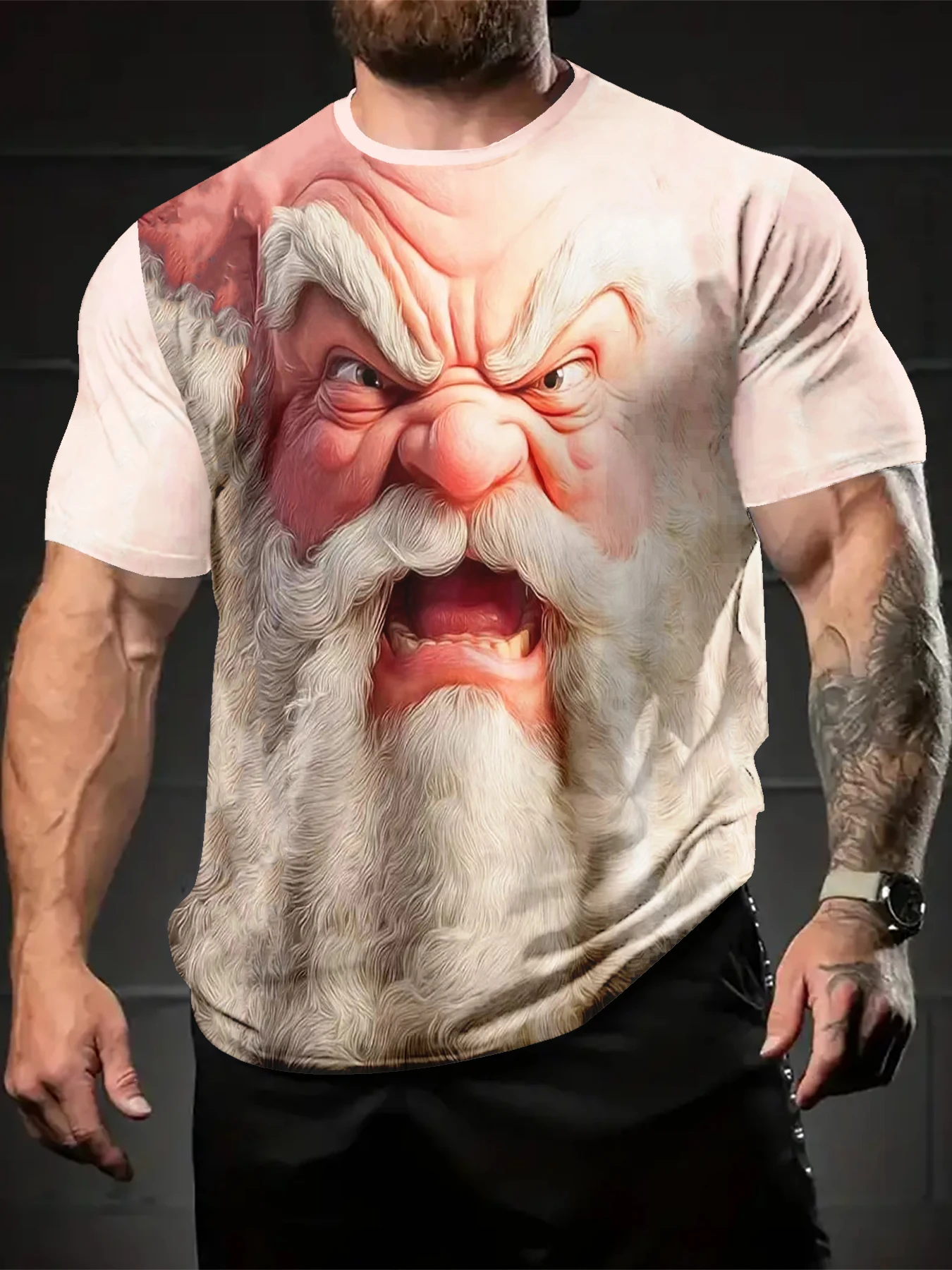Angry Santa Face Xmas Art Motif Men Short Sleeve Tee