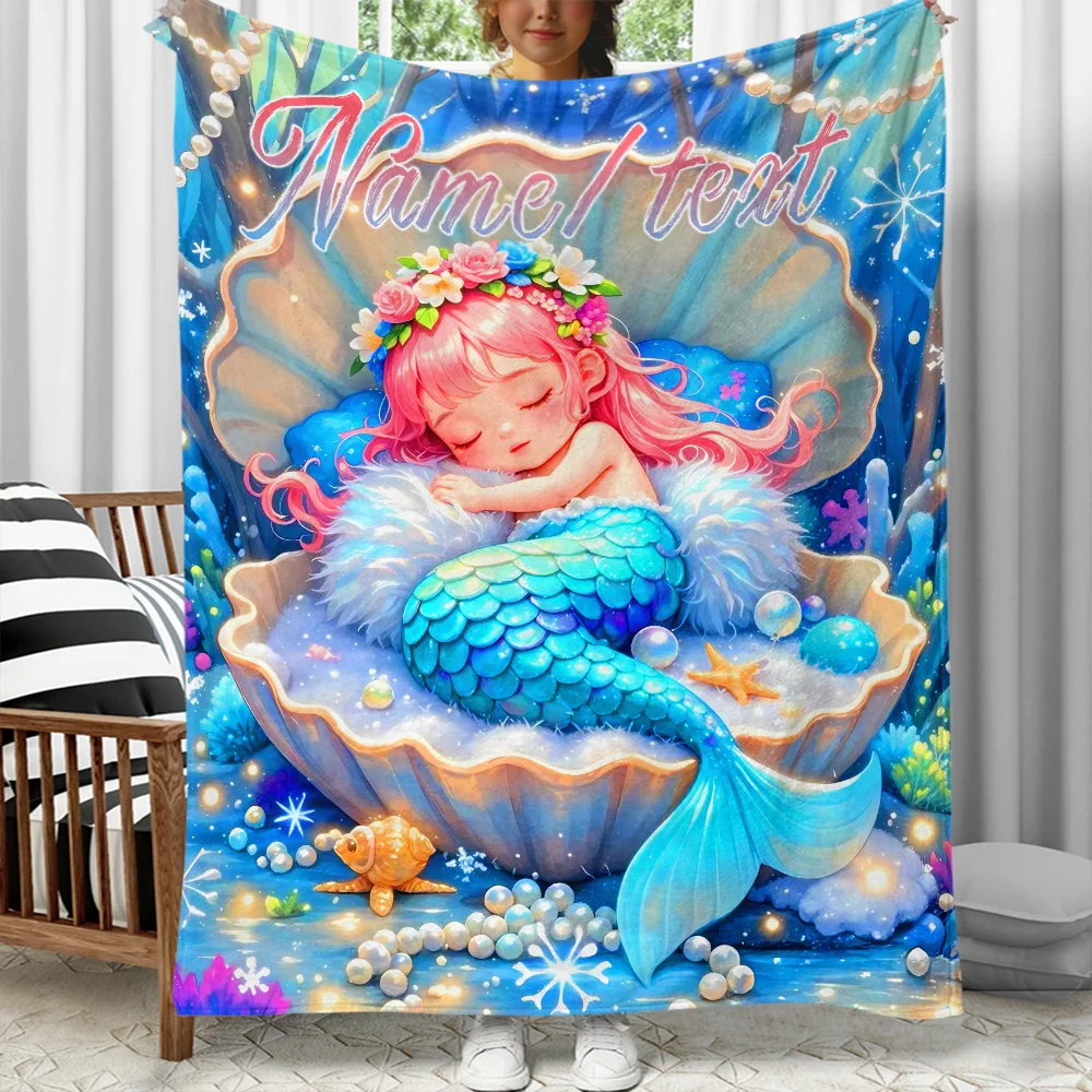 1pc Customizable Mermaid Shell Design Flannel Throw Blanket - Personalized Name Digital Print, Tear Resistant, All-Season Cozy L