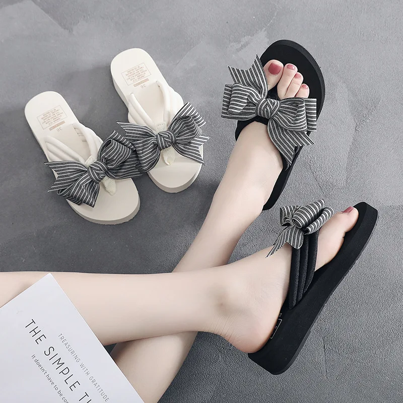 

Thick Bottom Anti-Slip Holiday Sandals Women's Flip Flops with Bow Knot European Style Slip-On Summer Slippers Elastic Fabric