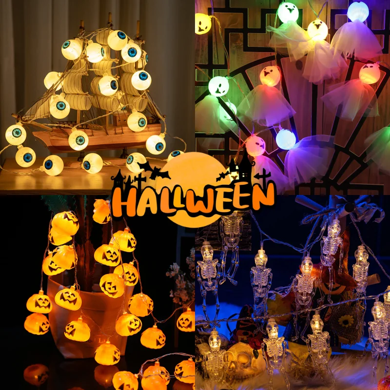 150cm 10LED Halloween LED String Lights Portable Pumpkin Ghost Skeletons Lights for Home Bar Halloween Party Decor Supplies 2023