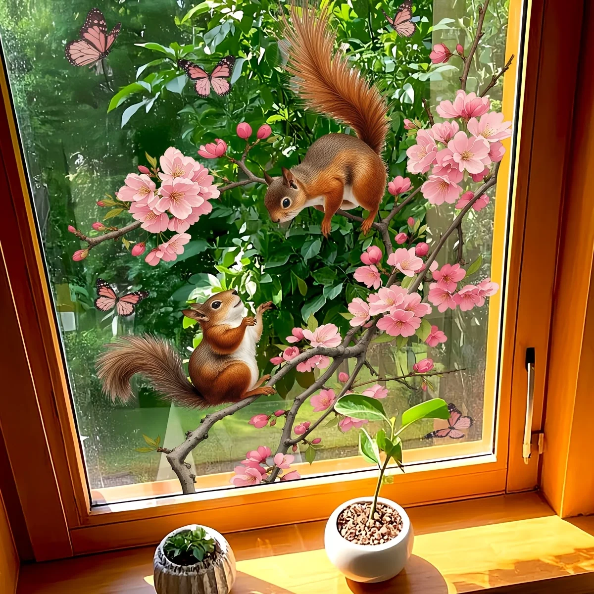 Eichhörnchen-Kirschblüten-Statik-Fensteraufkleber, Anti-Kollisions-Fensterfolie für Wohnzimmer und Schlafzimmer, abnehmbare Frühlings-Dekoration