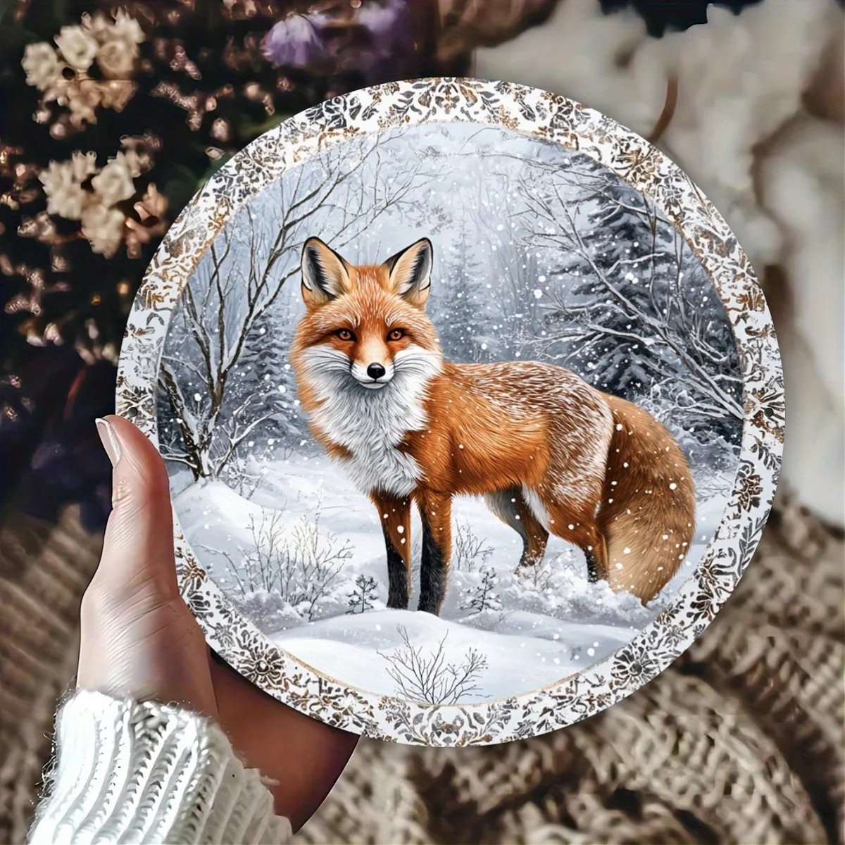 1pc Rustic Red Fox Winter Theme Round Aluminum Sign, 8x8 inches (20x20cm), Home, Kitchen, Garden & Office Vintage Decor, Perfect