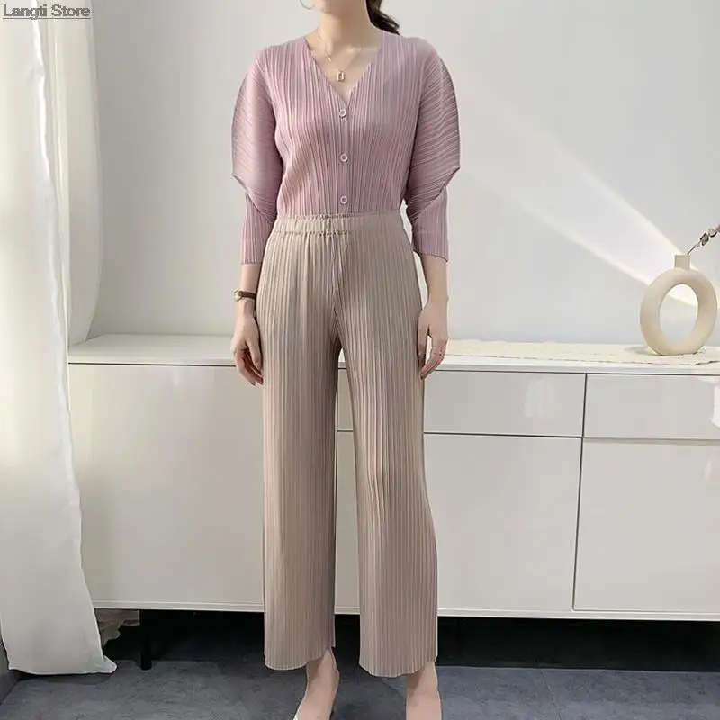 

Spring Summer Women Elegant Pleated Trousers Casual Loose Straight Pleated Pants High Waist Wide Leg Pants