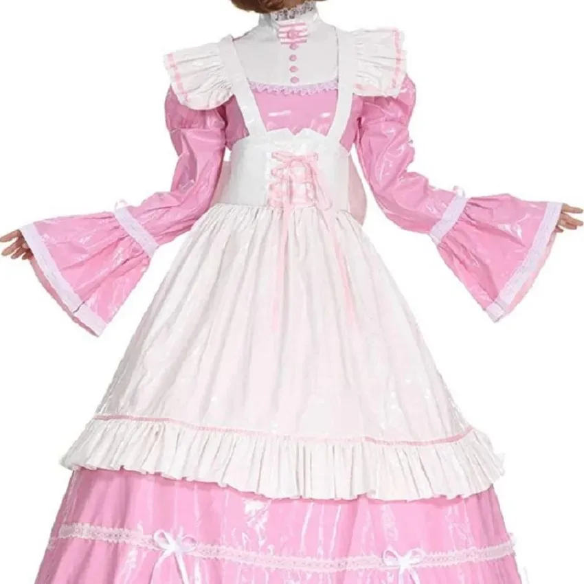 Hot Sale Cute Dress New PVC Lockable Sissy Girl Maid Pink Long Apron Big Bow Tie Bandage Cosplay Customized Halloween Costume