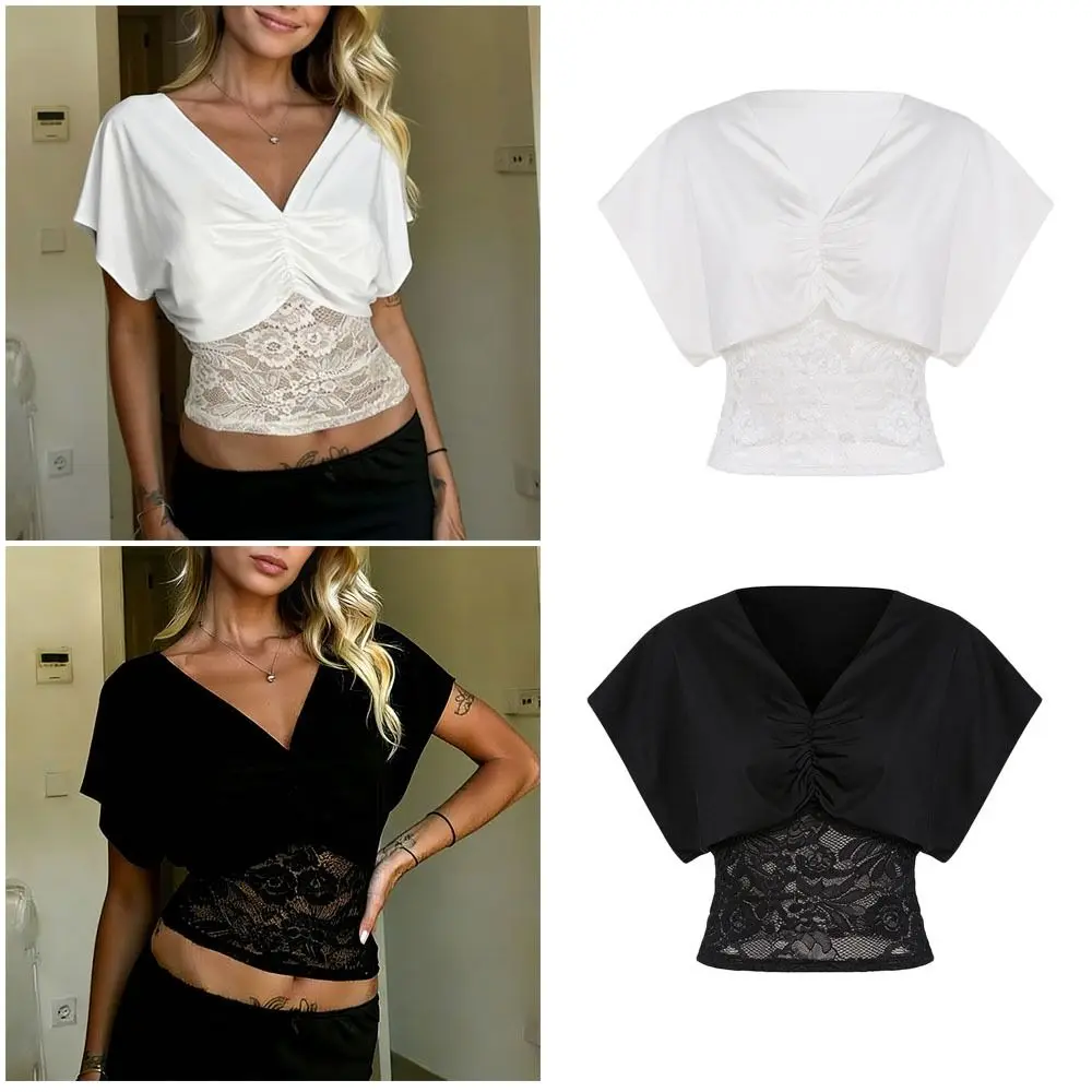 

Elegant V Neck Lace Patchwork Top Waist-Defining Lace-Trimmed Lace Blouse See Through Fabric Sleeveless Women Tops Party Evening