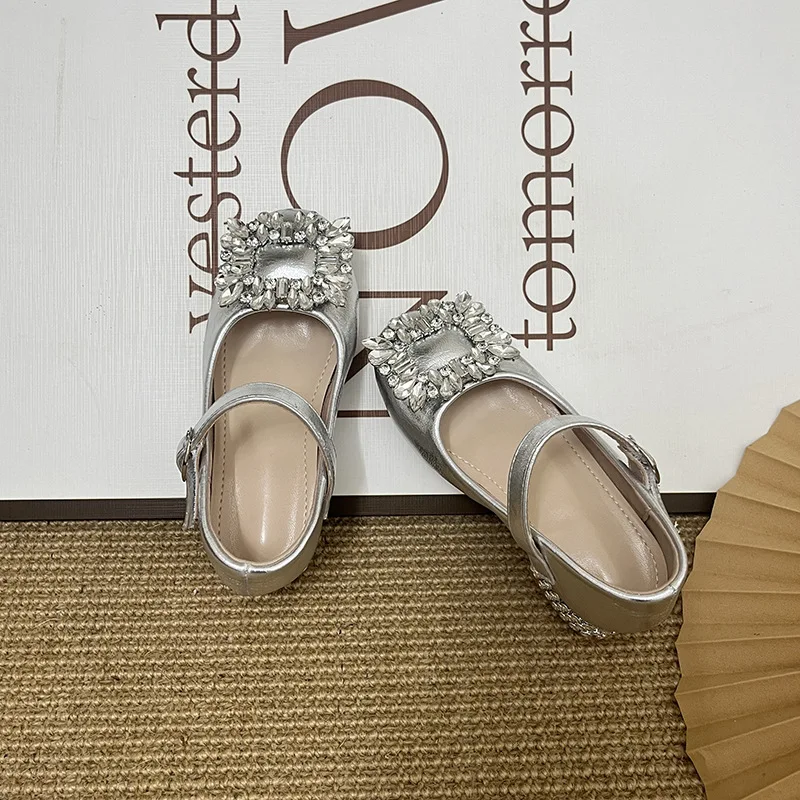 Kids'Casual Shoes PU Leather Spring High Heels Crystal Fashion Shoes Girls Breathable Soft Bottom Anti-slip Silver Size 23-35