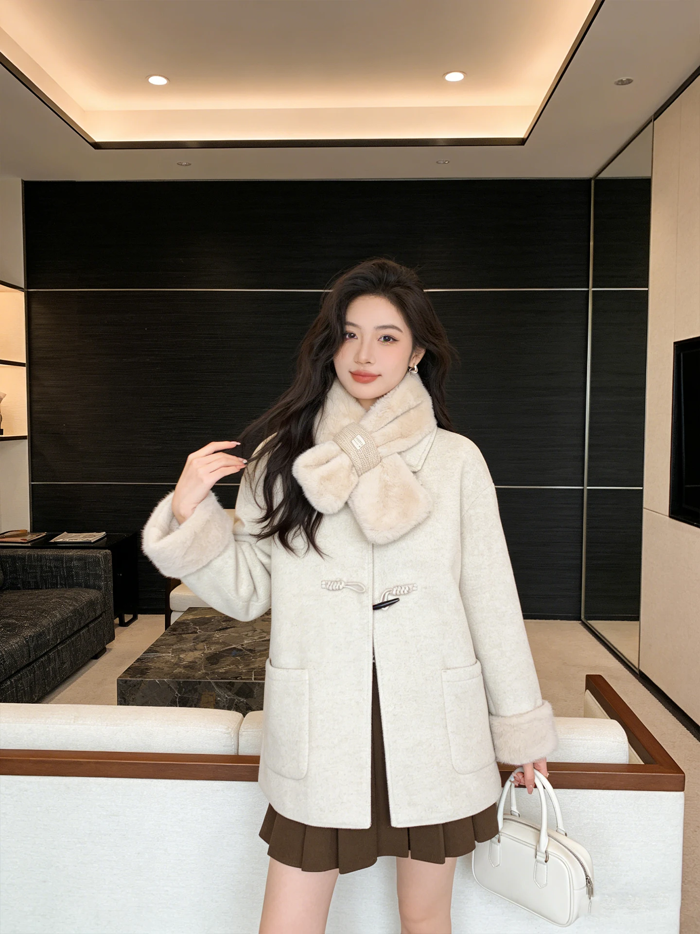 

Корейское зимнее женское пальто на Новый год, шерстяное, теплое, средней длины, с меховой подкладкой, на пуговицах, с отложным воротником, для повседневной носки