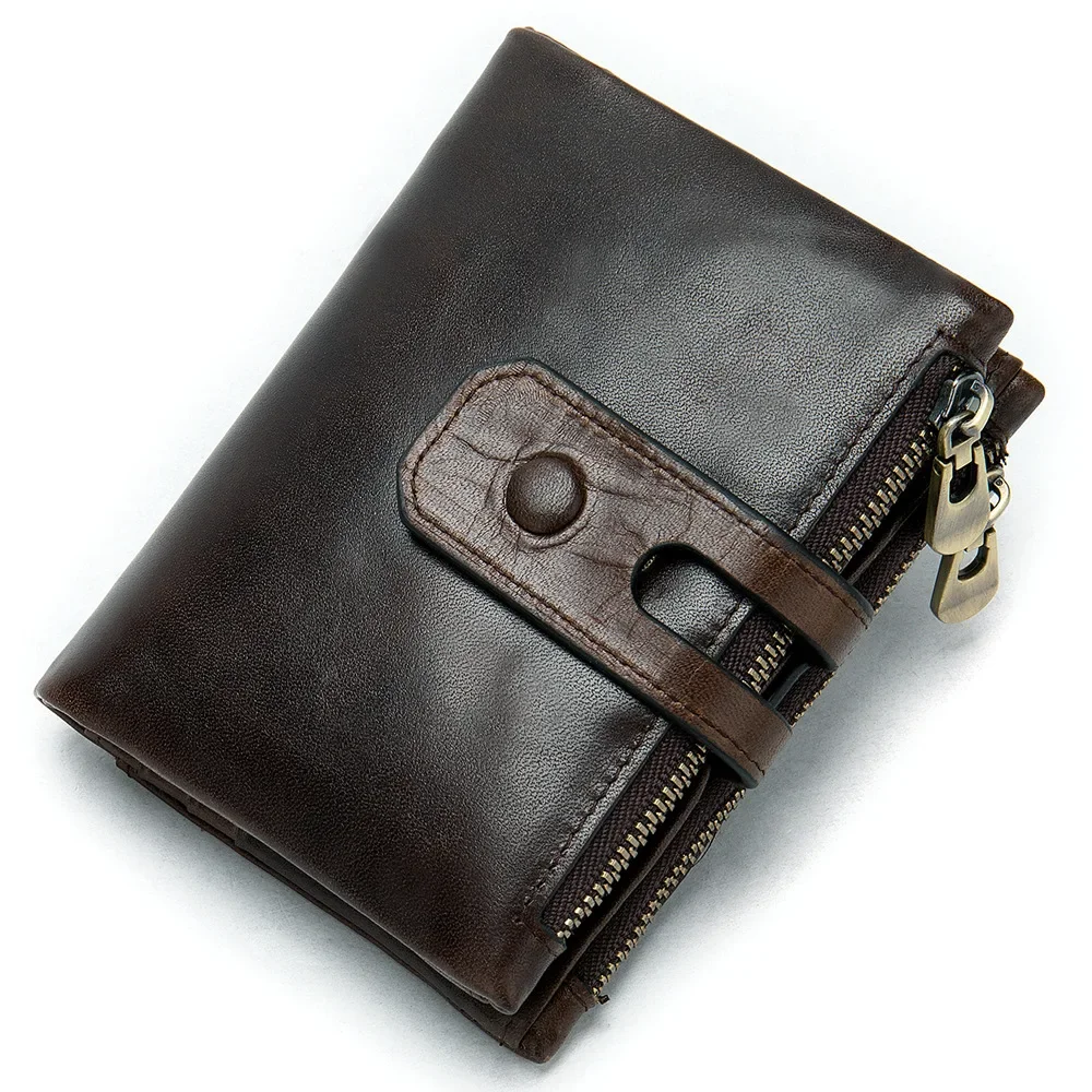 

Short Men's Wallet Cow Leather Men Folding Wallets Double Zipper Coin Purse Credit Card Holder Custom Initials