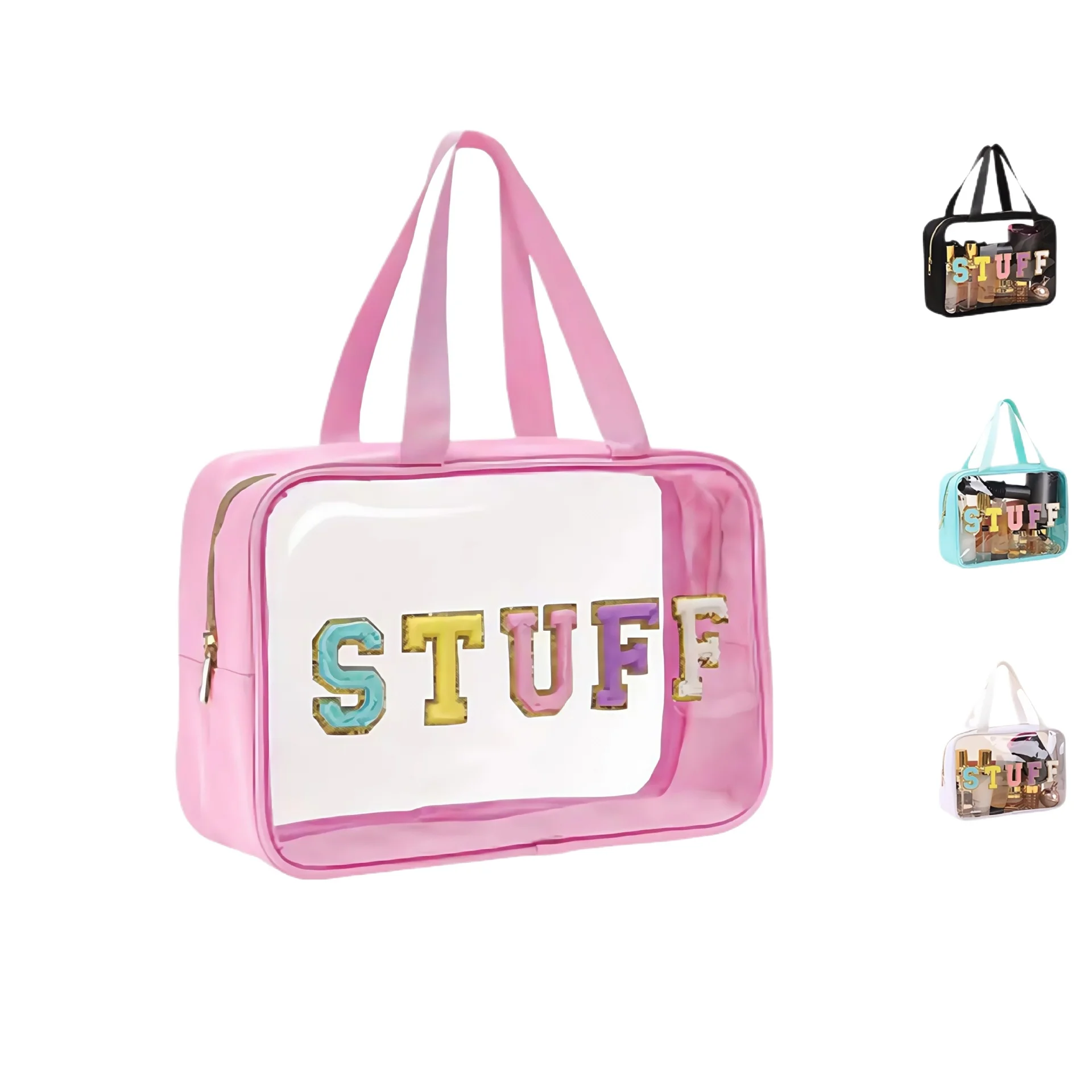 Embroidered letter cosmetic bag, transparent PVC toiletry bag, large-capacity beach travel waterproof storage bag