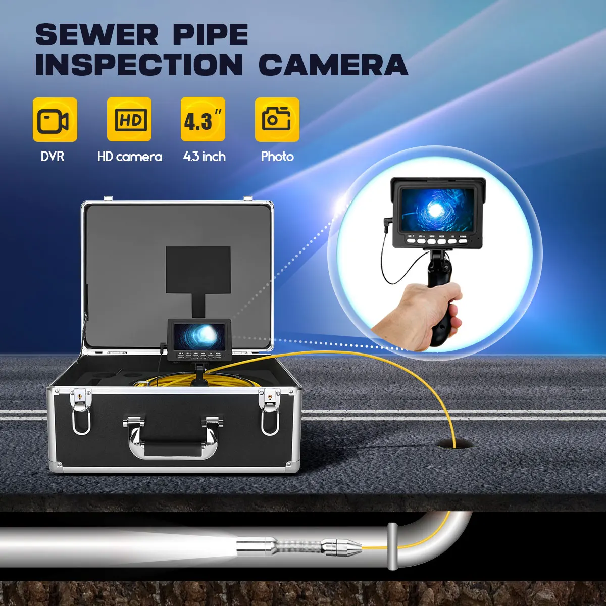 

Handheld Industrial Sewer Camera Inspection, 16GB TF Card DVR IP68 Drain Sewer Pipeline Industrial Endoscope with 4.3 Monitor