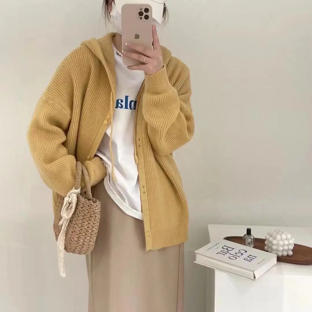 Sweater Women 2024 Fashion Hooded Spring Autumn New Solid Color Hoodies Tie Loose Soft Fruit Sweater Cardigan Women BD4130