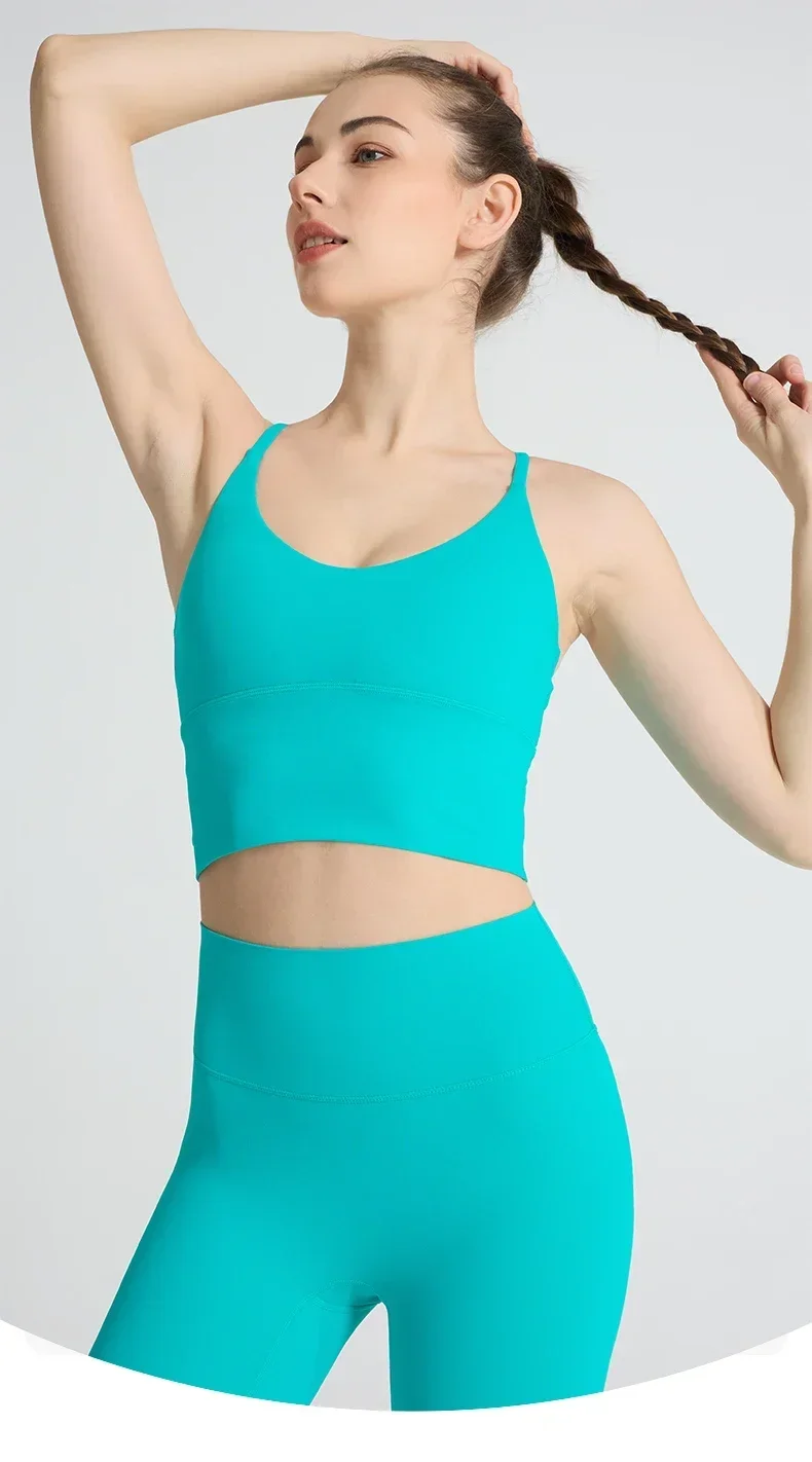 Einfarbige Weiche Damen-Sportanzüge mit Rückenkreuzdesign, Stoßfestes Sport-Top, Hochelastische Fitness-Leggings, Lauf- und Yoga-Sportsets – Detail 1