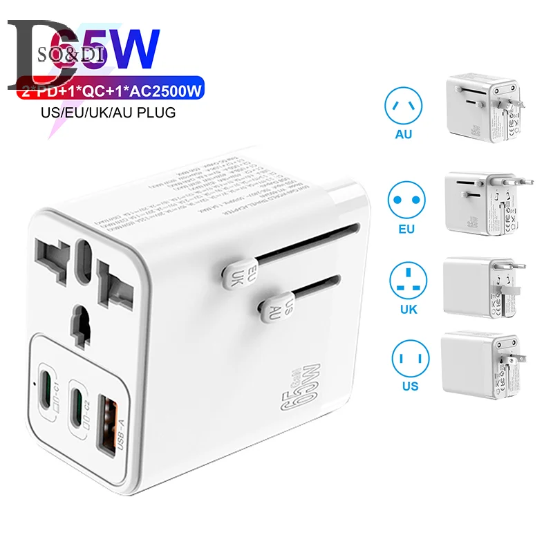 

Universal Travel Adapter 65W GaN Fast Charger with UK EU AU US Plugs 2USB-C PD & USB-A QC Worldwide International Charger