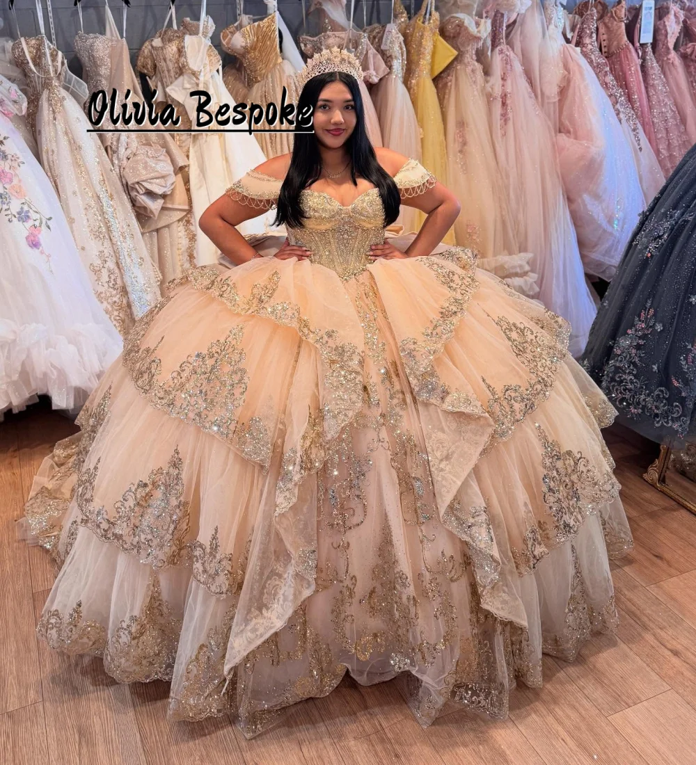 

Champagne Puff Long Sleeve 15 Years Quinceanera Dresses Beaded Lace Applique Ball Gown Ruffles Graduation Party Dress Customized