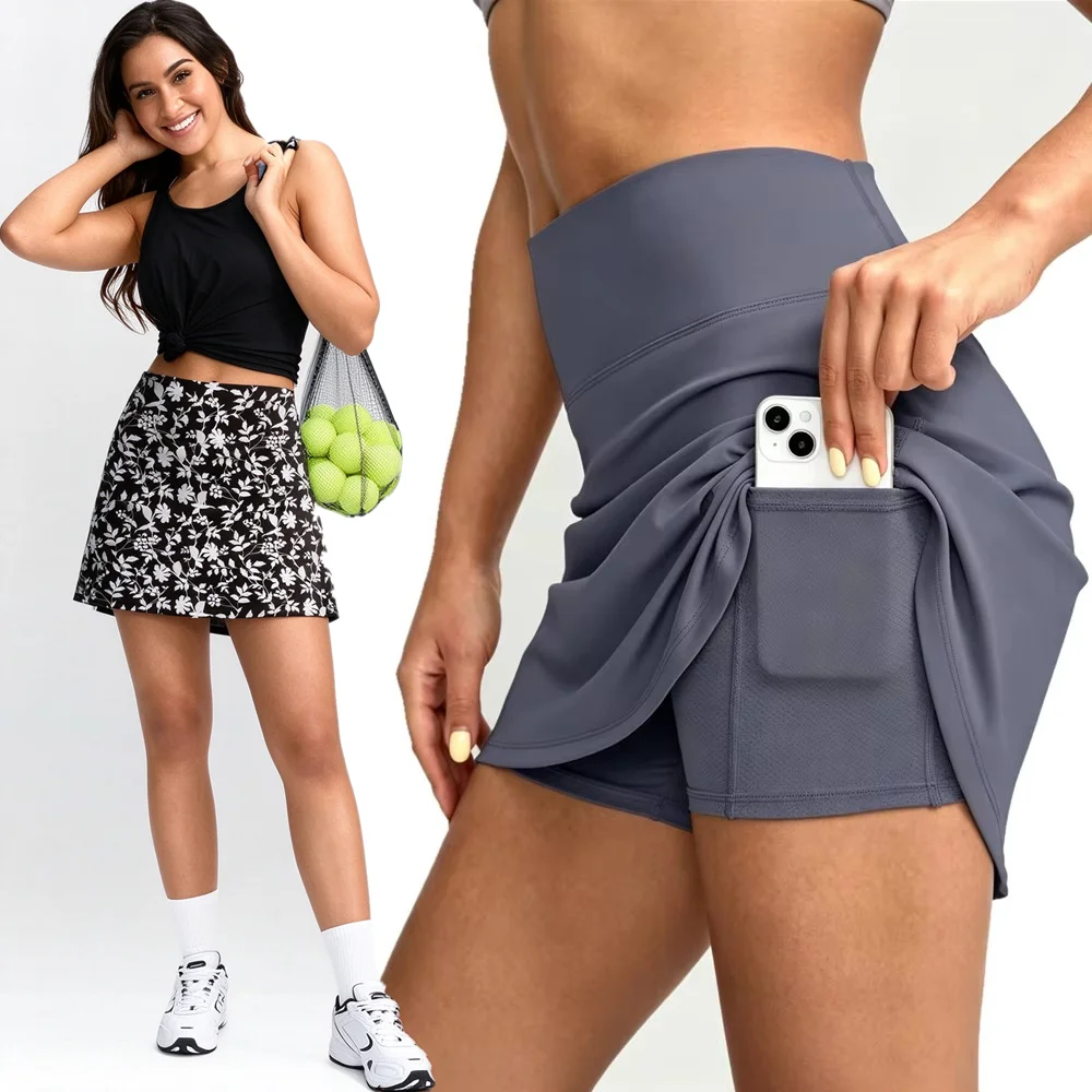 Women's Elasticity Quick Dry High Waist Anti-Exposure Fitness Outdoors Skirt Culottes Tennis Golf Sports Skirt with Leggings