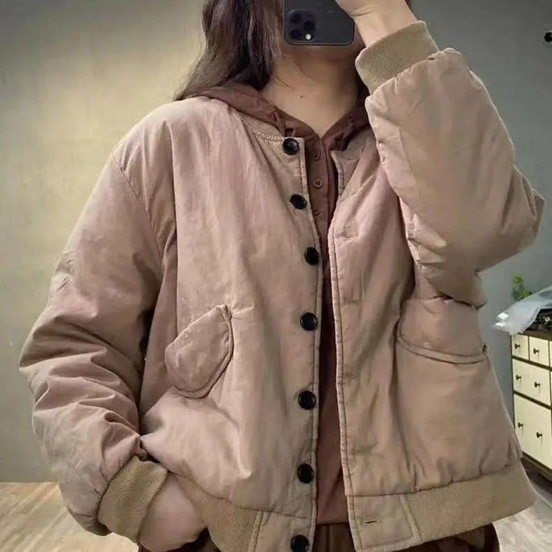 جيوب غير رسمية ملابس خارجية من القطن الناعم سترة فضفاضة للخريف والشتاء للنساء من الكتان الدافئ معطف بصدر واحد أدبي #6