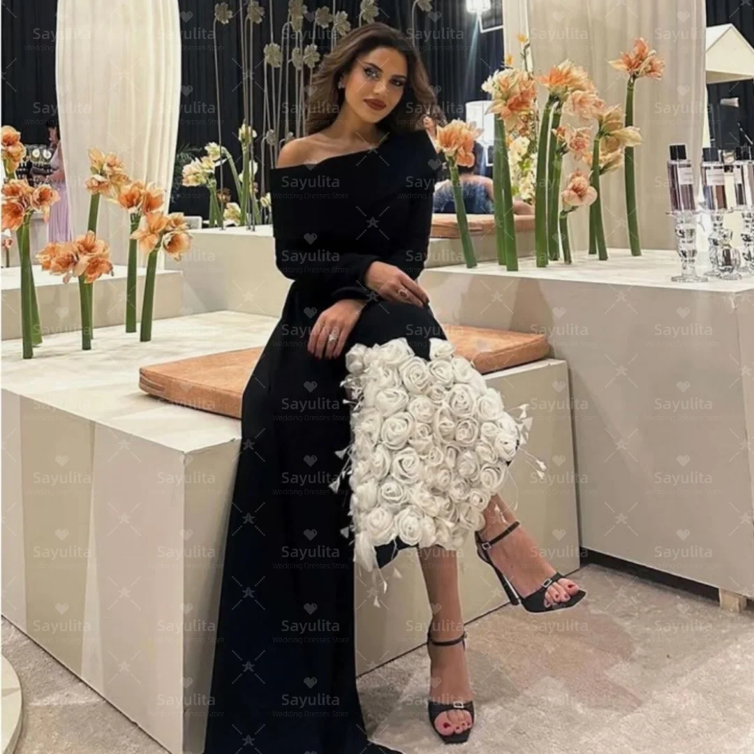 Sayulita ブラック プロムドレス 長袖 エレガント イブニング パーティー ドレス 花付き فستان سهرة نسائي カスタマイズ