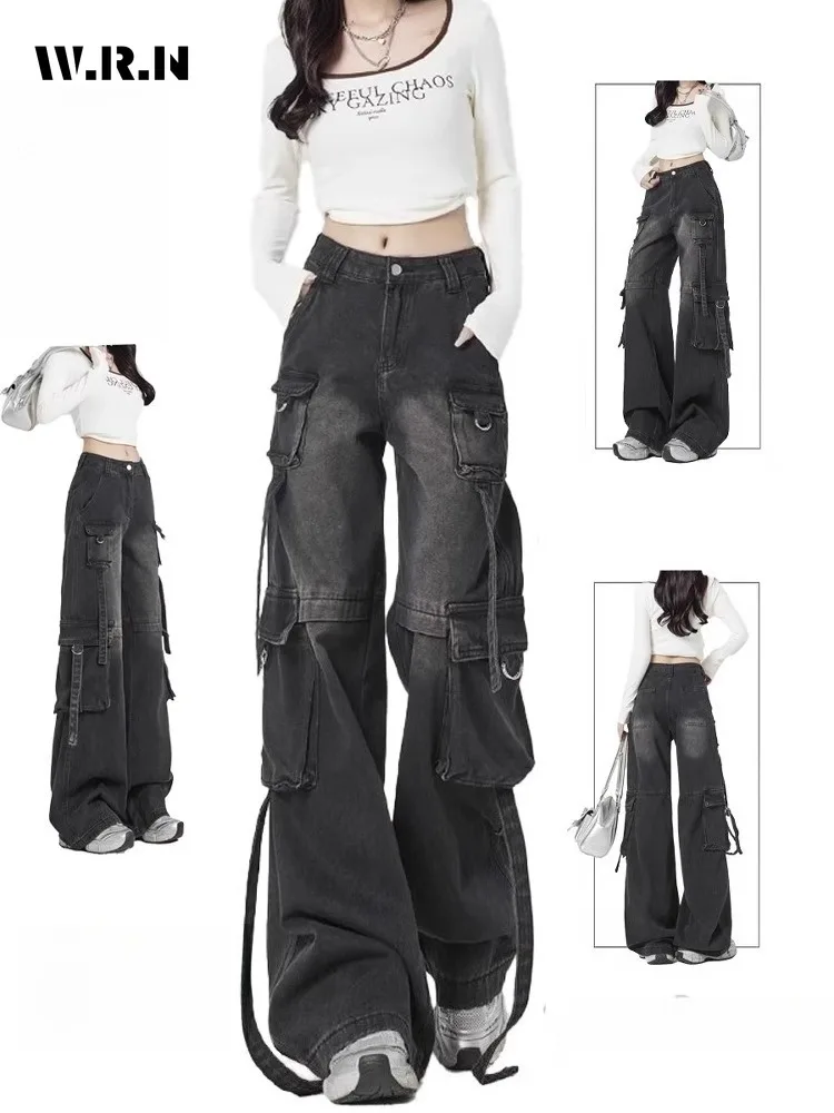 

Комбинезоны High Street в американском стиле ретро, черные свободные широкие брюки, женские повседневные брюки-карго в стиле гранж в стиле хип-хоп с поясом Y2k