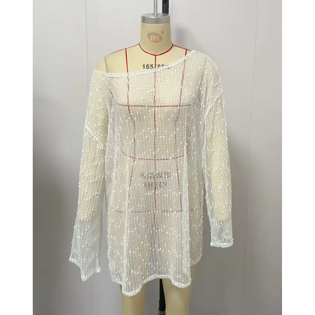 Langarm-Strandkleidung für Damen, ausgestelltes, einfarbiges, gehäkeltes, gestricktes Tunika-Strandkleid, Strand-Cover-up, Strandkleid, Strandmode für Damen V7577 – Detail 19
