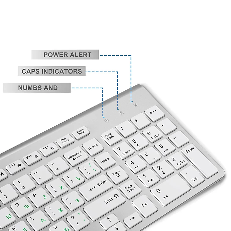 Russian layout 2.4G Wireless Keyboard and Mouse Set,Ergonomic  USB Portable slim design, full size Keyboard Mouse silver white