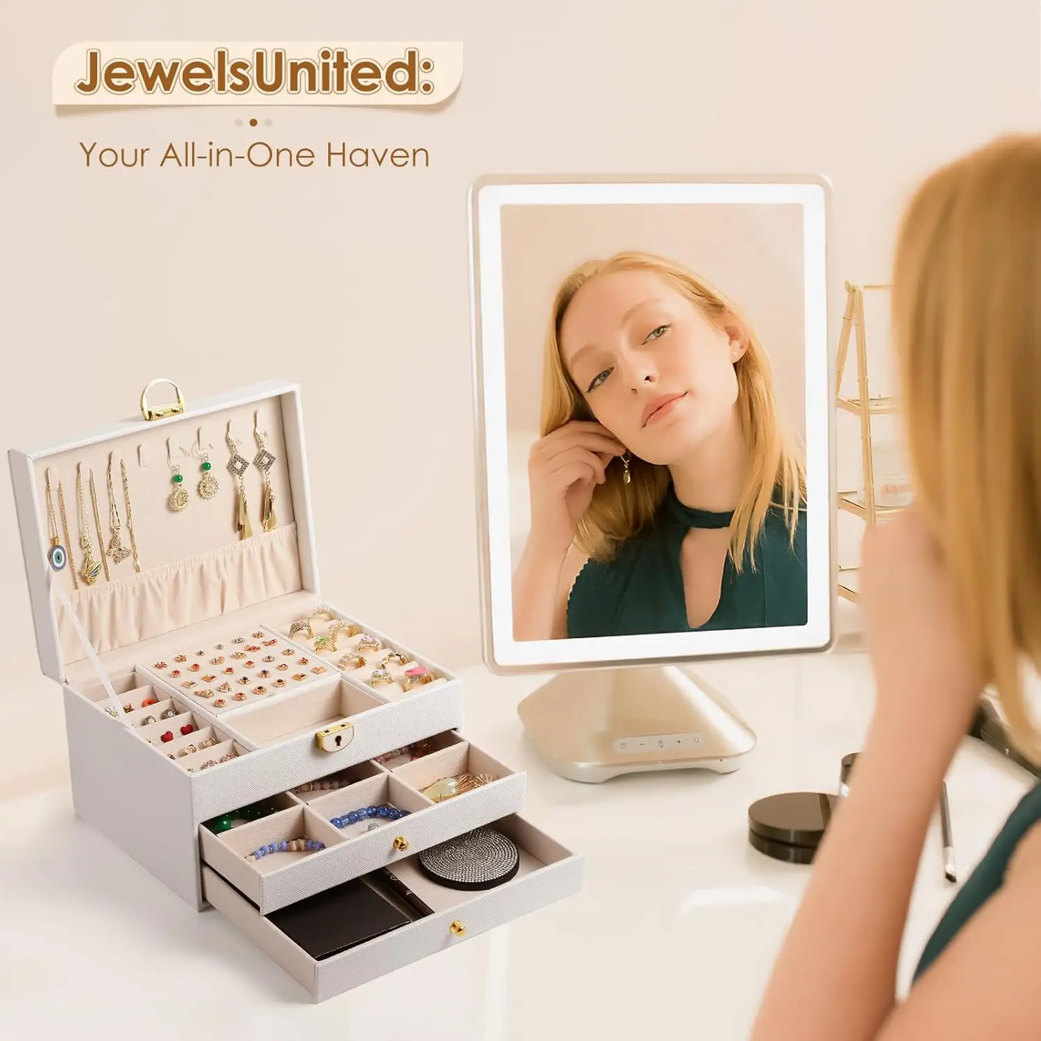 صندوق مجوهرات مكون من 3 طبقات مع درج قابل للقفل لتخزين رف المجوهرات ومنظم أقراط مخملي كبير للنساء #2