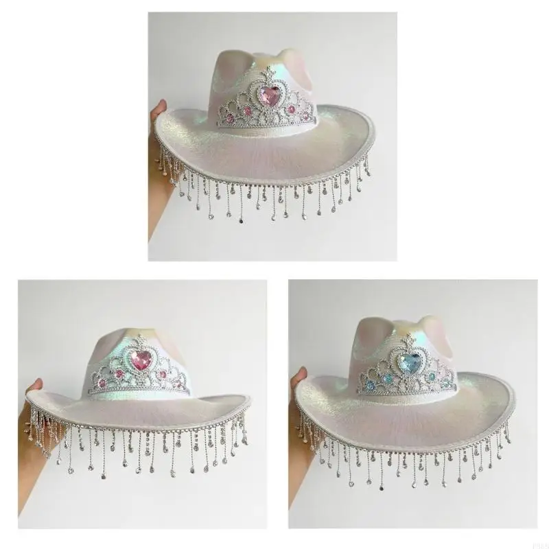 

P88B Handmade Woman Bride Cowgirl Hat Wide Brim Bridal Pattern Fedoras Hat