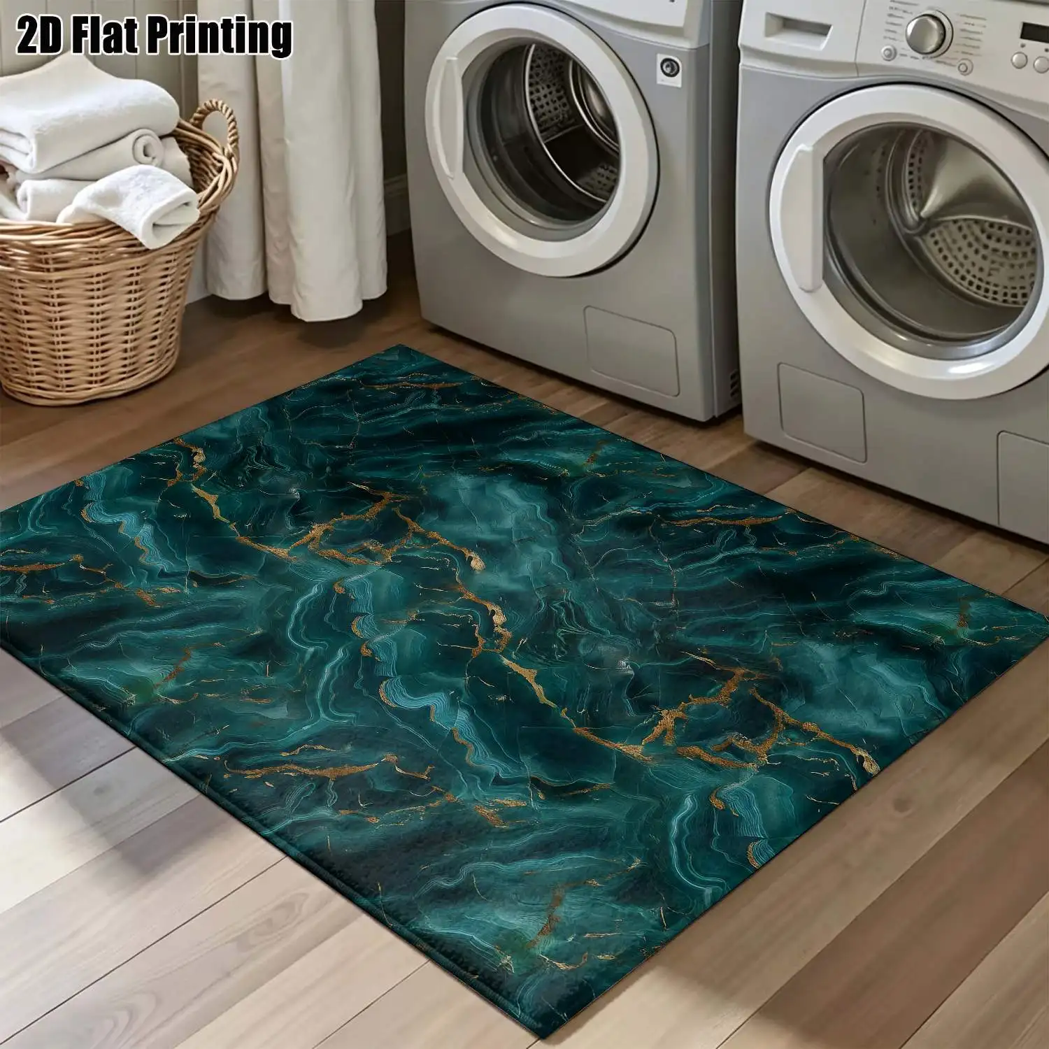 1Pc 2D Printed Carpet: Dark Green & Gold Abstract Art Pattern Nordic/Instagram-Inspired, Modern Minimalist Vintage European Floor Mat for Home Decor, Machine Washable, Multi-Size, Suitable for Entryway, Dining Room, Bedroom, Living Room.