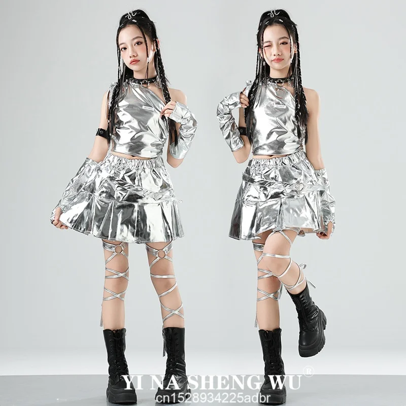 

Серебряные комплекты в стиле хип-хоп для девочек, укороченный топ с блестками, рубашка, юбки для уличных танцев, молодежная уличная одежда, женский джазовый костюм, групповая одежда для девочек