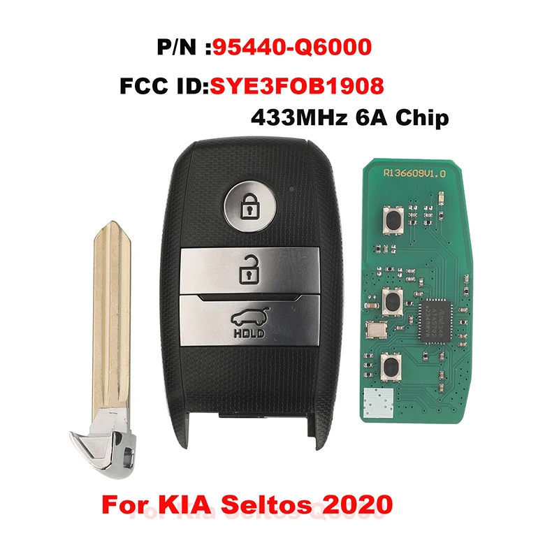 

Jingyuqin дистанционный ключ от машины для KIA Seltos 2020 Smart 433 МГц 6A чип FCC ID SYE3FOB190 послепродажного обслуживания PN 95440-Q6000