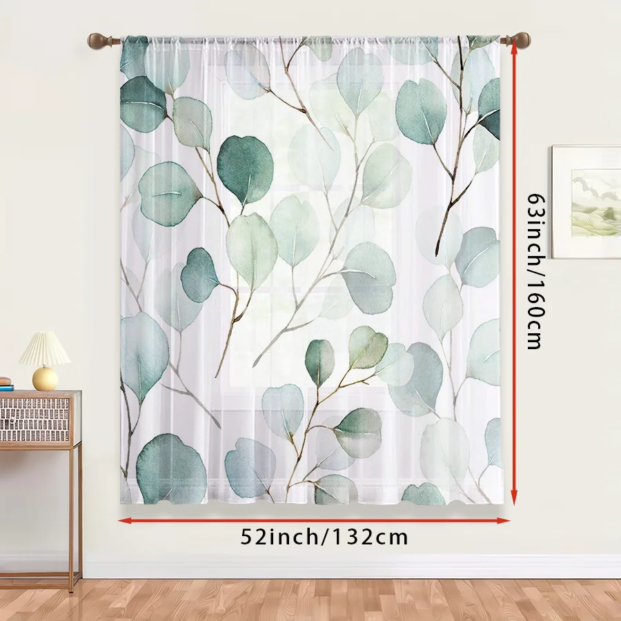 1PC Sheer Curtain Eucalyptus Blue Green Watercolor Print, Rod Pocket Window Curtain for Living Room Modern Decor