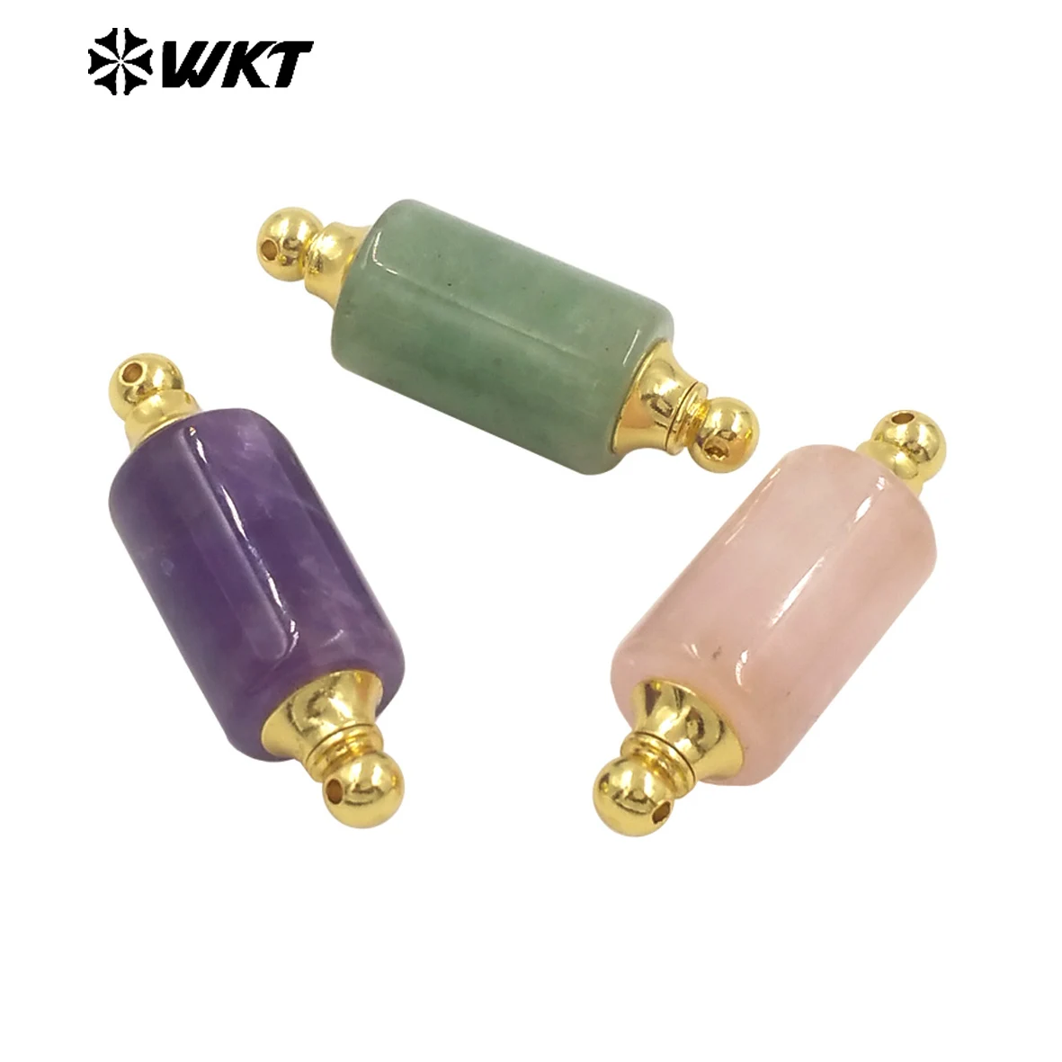 WT-P1981 New Arrival Unique Rolling Pin Design Colorful Gemstone Pink Quartz Stone Perfume Bottle Jewelry Finding Pendant