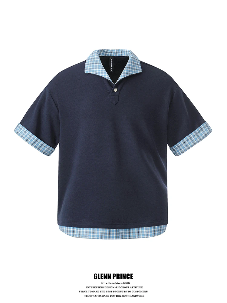 

GPstudio Intellectual Plaid Shirt Men's Summer Short Wide High-End Feeling Miu Series Collar T-Shirt Breathable Cotton B...