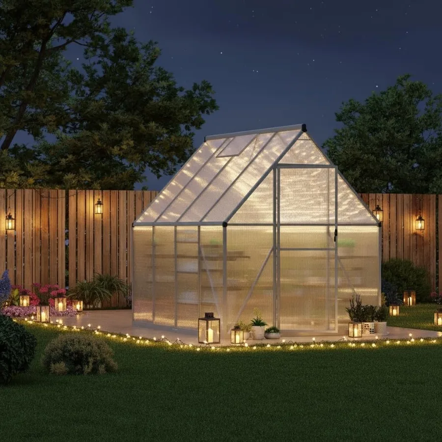 6x7 Feet Walk-in House for Outdoor Use, Polycarbonate Panels Aluminum Frame, Transparent Gray, Weatherproof and Easy Assembly