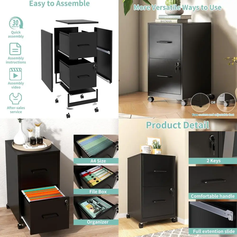 

Lockable Rolling Metal File Cabinet for Home Office, 2-Drawer Vertical Storage with Wheels, Suitable for Legal/Letter/A4 Files