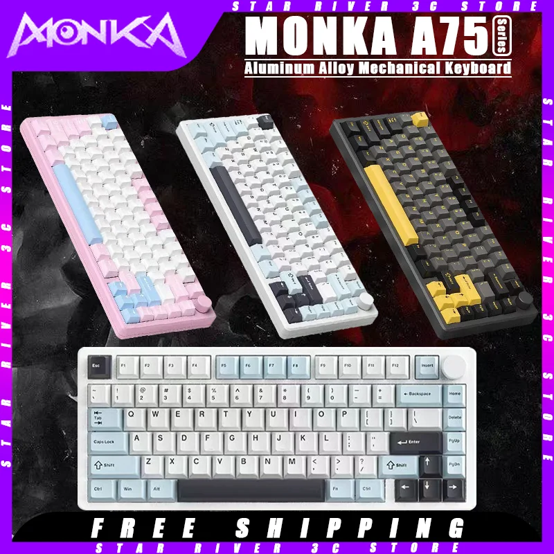 

Monka A75 Mechanical Keyboard Wireless RGB Hot Swappable Aluminum Alloy Tri-Mode Gasket Structure Customized PC Gaming Keyboard