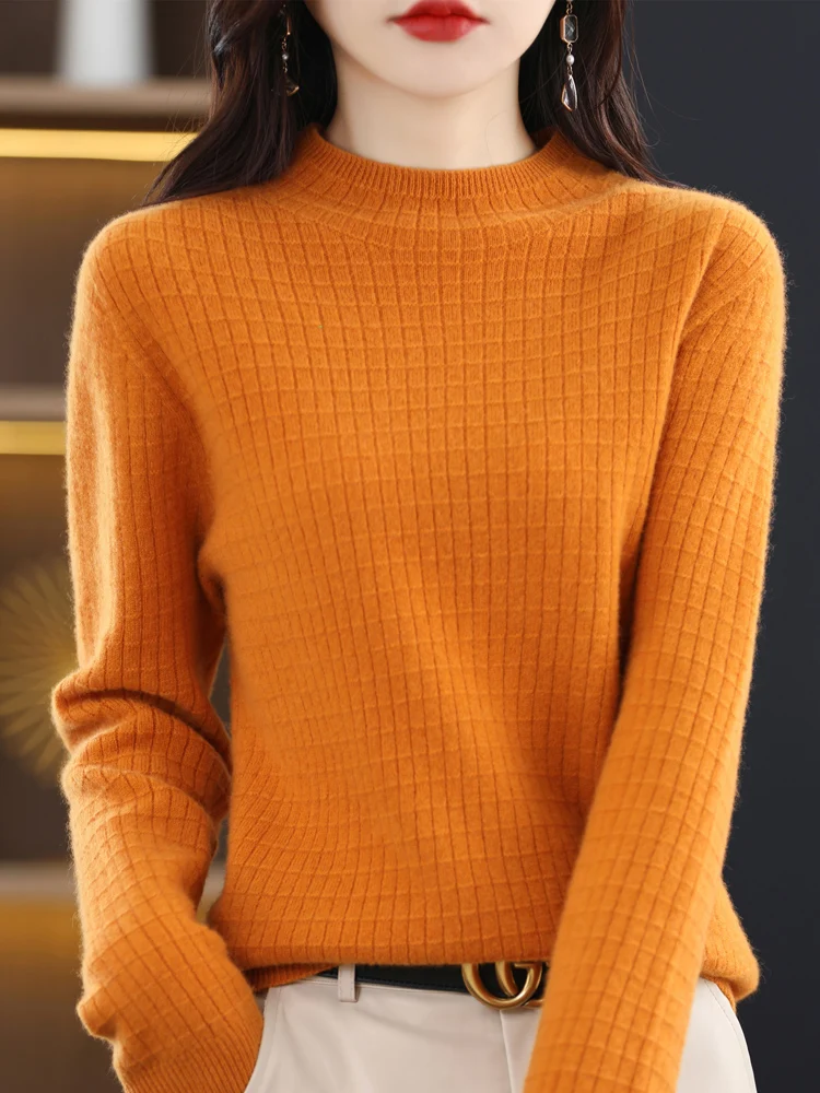 Women Basic 100% Merino Wool Sweater Mock Neck Pullover Long Sleeve Autumn Winter Solid  Cashmere Knitted Female Clothing