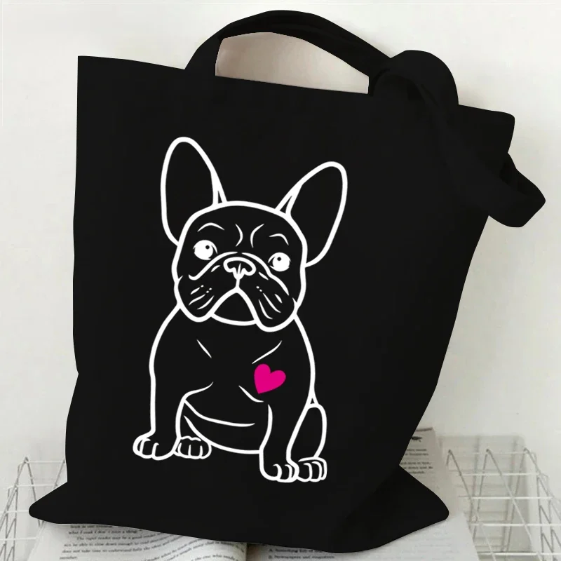 Bolsos de mano con estampado de corazón de Bulldog Francés para mujer bolso de compras de lona con diseño de amante de los