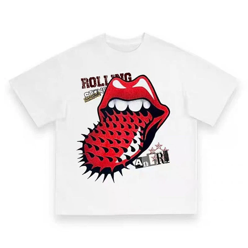

A Tribute To The Rolling Stones' Tongue A Retro Vintage Design A Trendy American T-shirt A Hip-hop Pure Cotton Short-sleeved Man