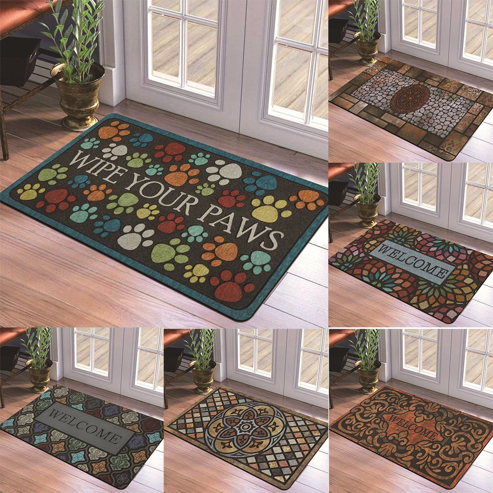 Willkommens-Thematische Fußmatte mit Haustierpfoten, Retro-Blumenmuster, geometrische Muster, weicher dekorativer Eingangsbereich für Zuhause, drinnen und draußen