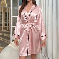 Women's Robe Solid Color Imitation Silk Wedding Robe With Adjustable Waist Tie Line Pattern Satin V Neck Sleepwear For Sleeping