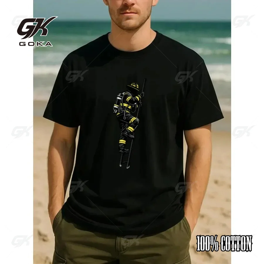 Firefighter Climbing Ladder Logo. Tribute To Heroes. Windproof and Breathable Casual  Graphic T-Shirt. Versatile for Daily Wear