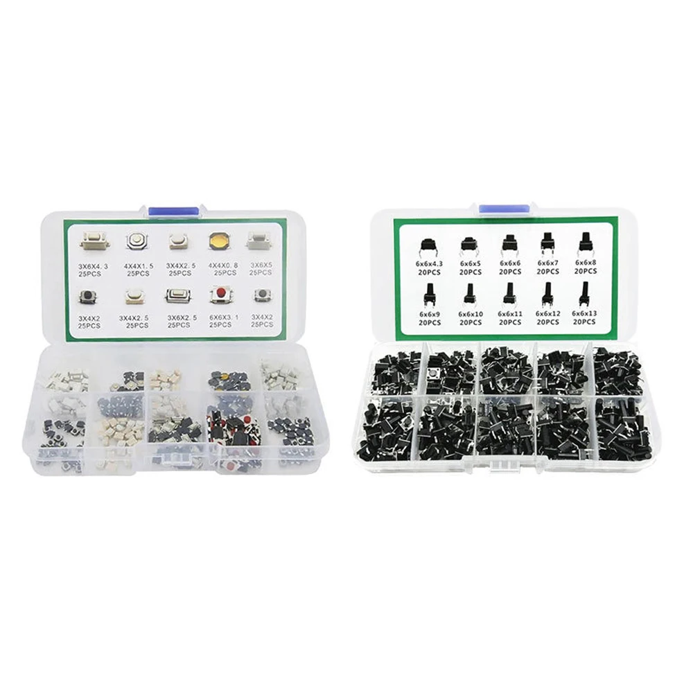 200PCS 10Values 6x6mm Tactile Push Button Switch Kit Each 20Pcs SMD DIP Micro Touch Switch Assortment Box For PCB Electronic