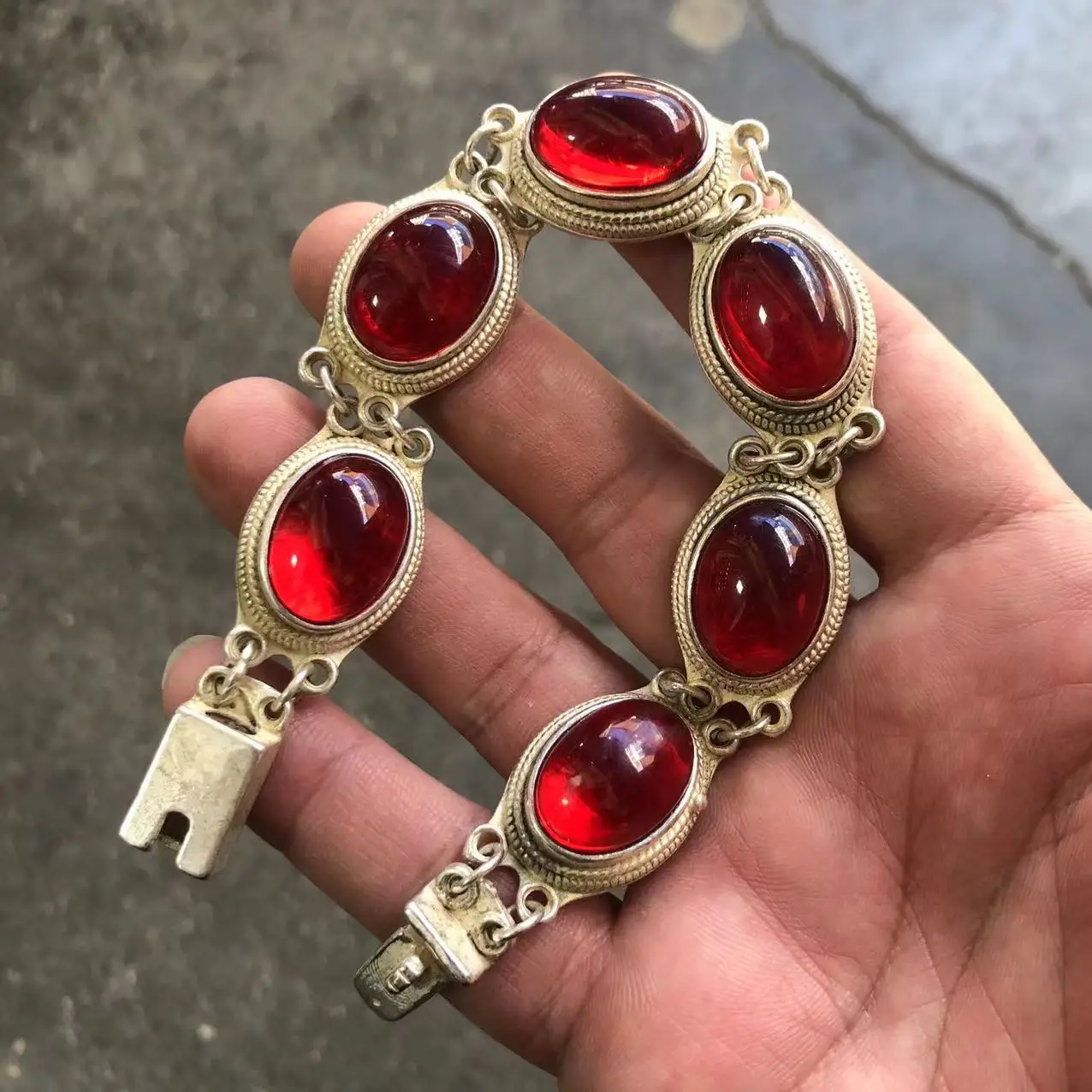 Vintage Old Patina Inlaid Red Starlight Stone Bracelet Tibetan Silver