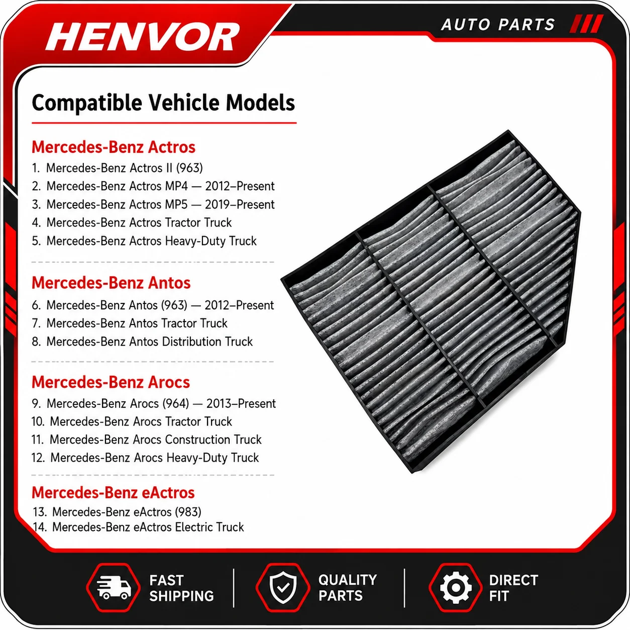 Truck Cabin Air Filter for Mercedes-Benz Actros Antos Arocs A9608300618 A9608300418 A9608300518 9608300118
