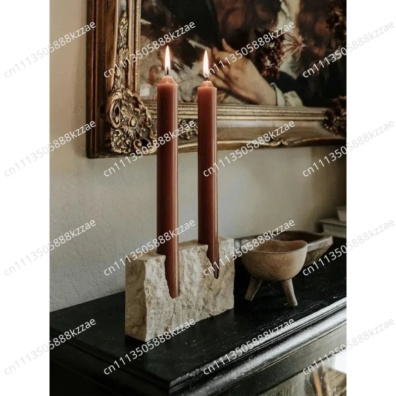 2 Holes Marble Candlestick Holder for Wedding Dinning Party Vintage Travertine Stone Taper Candle Holder for Table Centerpiece